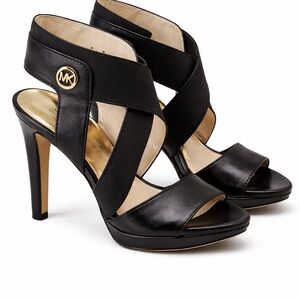 Michael Kors Black Leather Cross-Strap High Heel Sandals with Gold MK Accent